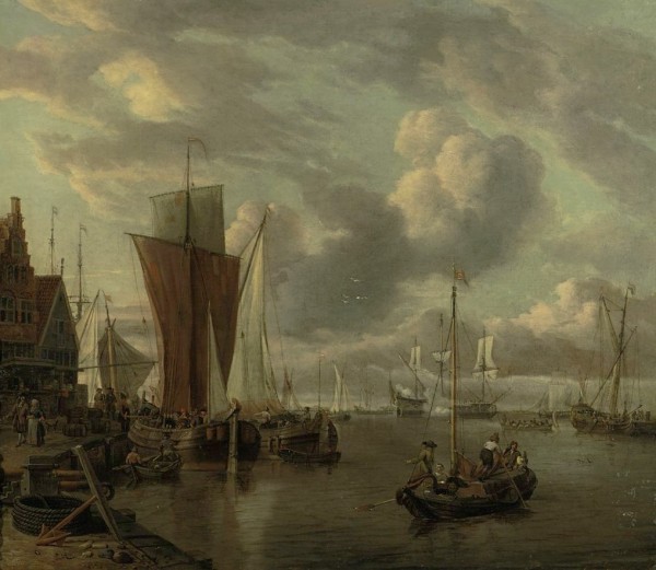 Quayside with extensive shipping by Abraham Storck